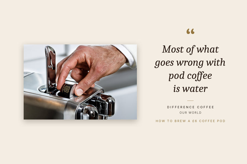 A Difference Coffee capsule being loaded into a Nespresso Original compatible machine, beside the quote: most of what goes wrong with pod coffee is water
