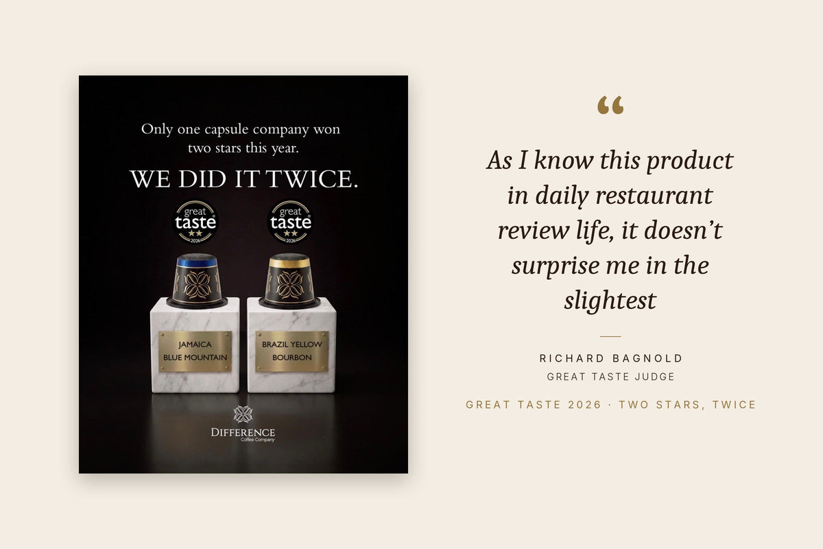 Great Taste 2026 two stars for Jamaica Blue Mountain and Brazil Yellow Bourbon capsules, beside Great Taste judge Richard Bagnold's quote