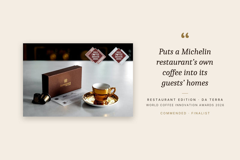 Restaurant Edition, Da Terra, World Coffee Innovation Awards 2026 Commended and Finalist, beside the quote: puts a Michelin restaurant's own coffee into its guests' homes