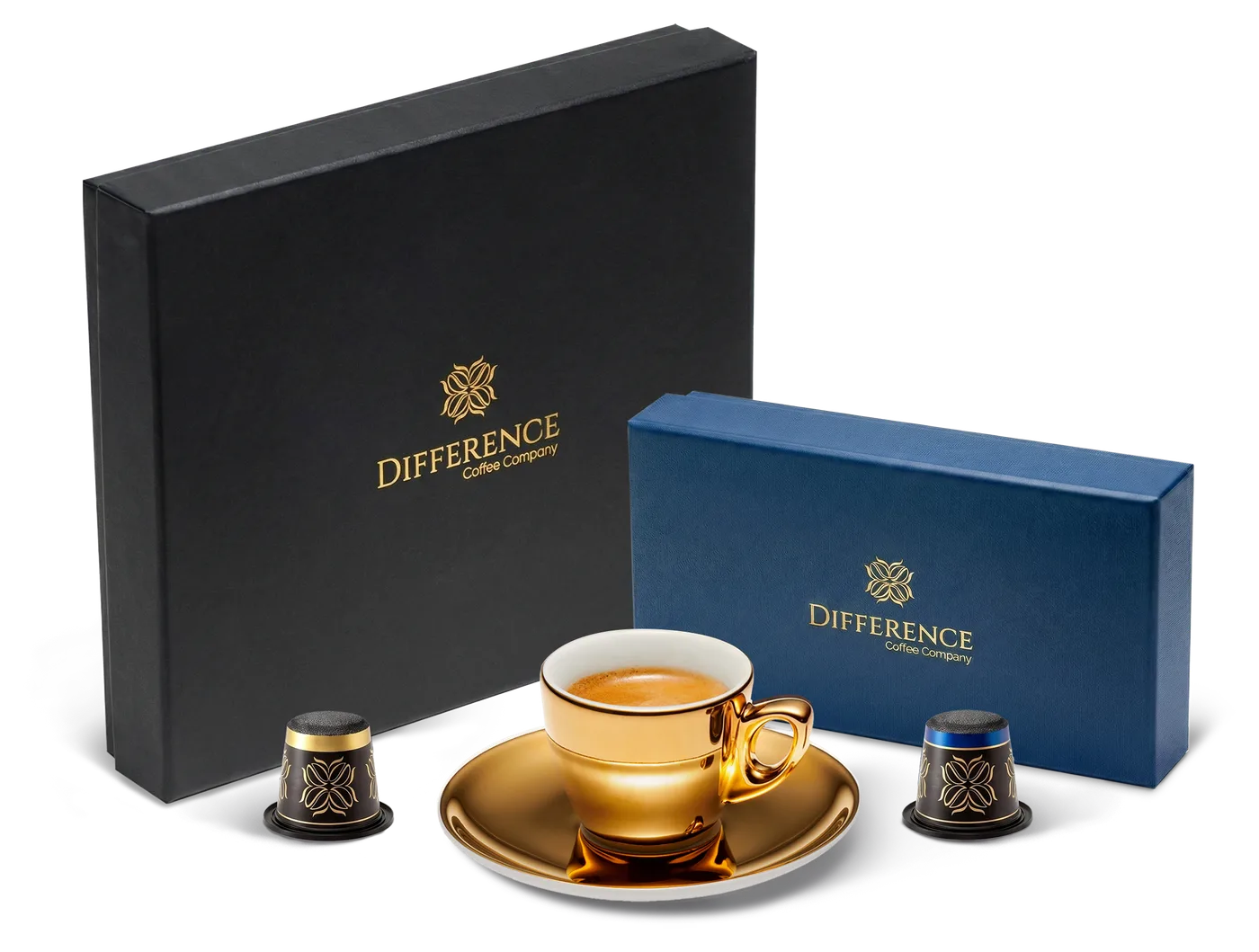 Jamaica Blue Mountain and Brazil Yellow Bourbon boxes with a gold espresso cup