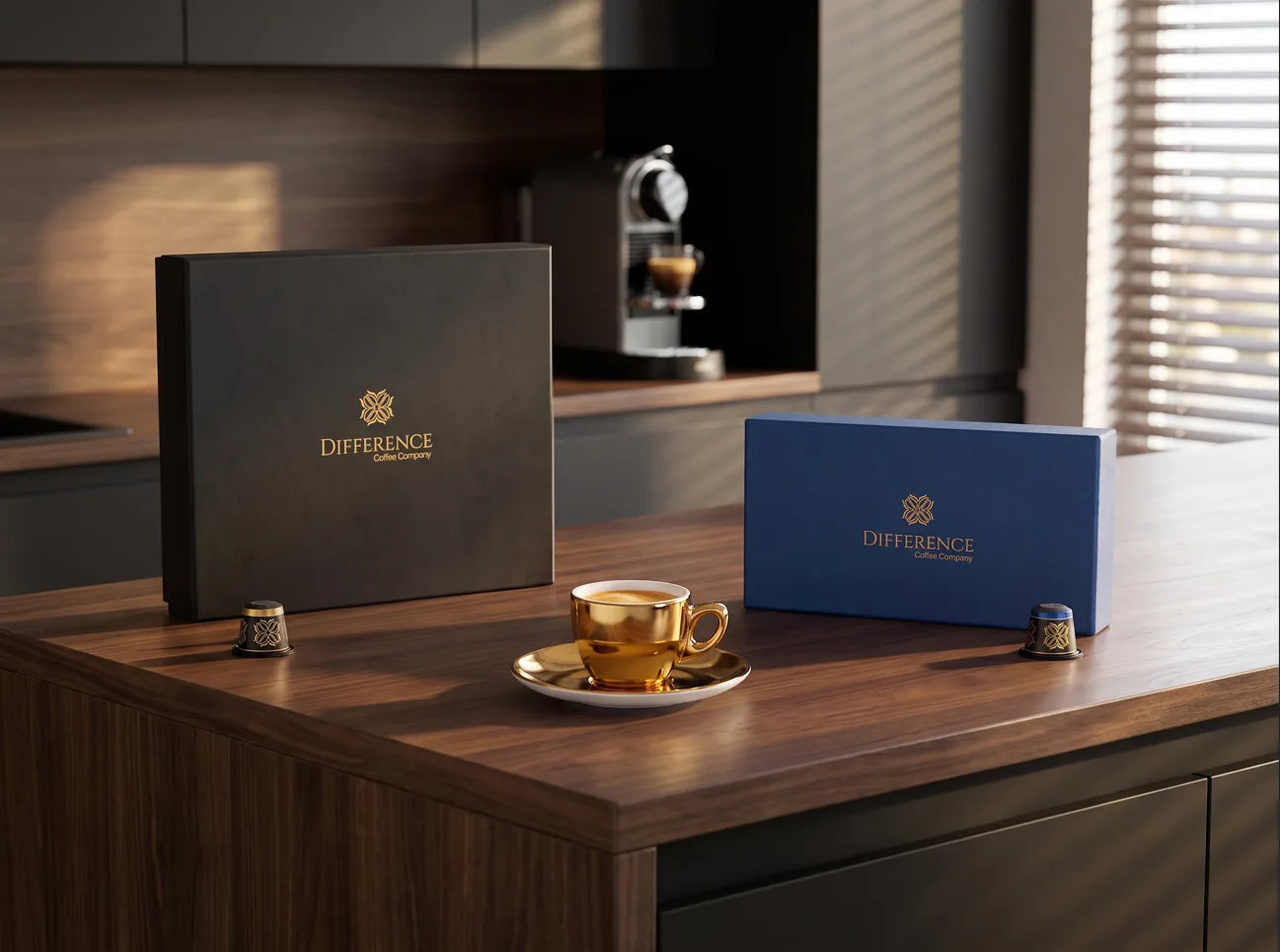The First Taste Pair boxes beside a gold espresso cup in a kitchen